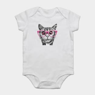 pencil black and white drawing of curious cat wearing light pink colored glasses art Baby Bodysuit